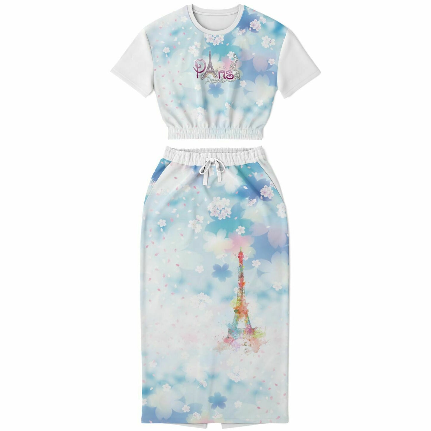 Top Modesty Comme a Paris Fashion Cropped Short Sleeve Sweatshirt and Long Pocket Skirt Set